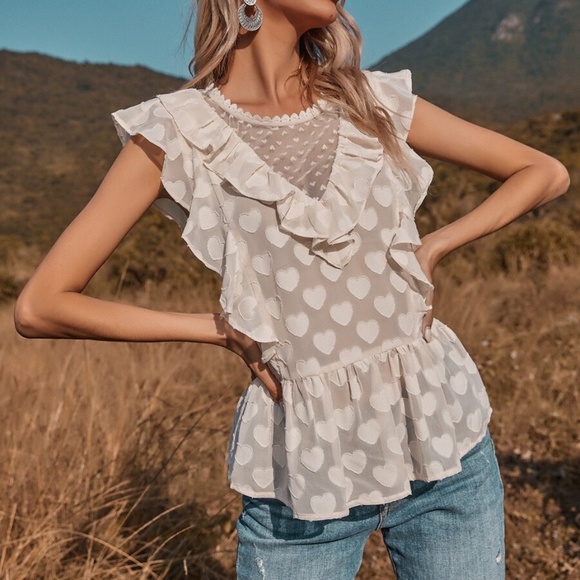 Tops - white boho ruffle hearts lace peplum blouse vday